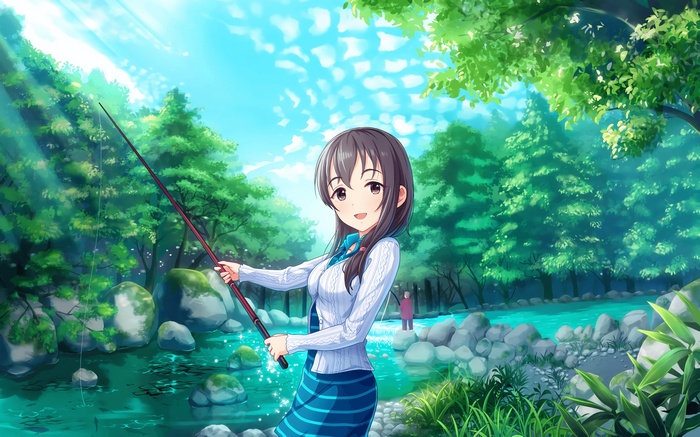 Anime girl fishing in a forest stream