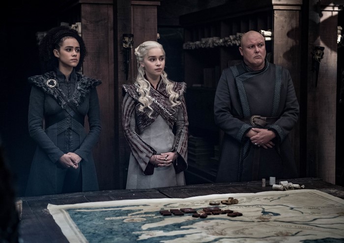 Missandei, Daenerys Targaryen, and Varys from Game of Thrones