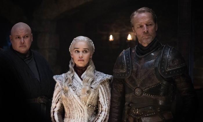 Lord Varys, Daenerys Targaryen, and Jorah Mormont from Game of Thrones