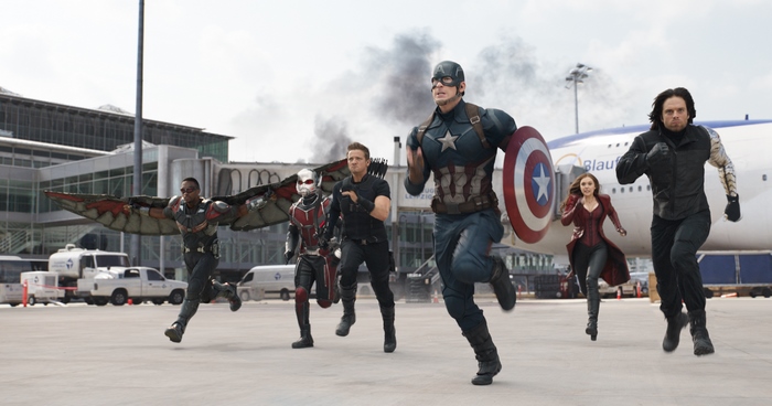 Captain America: Civil War characters running at airport