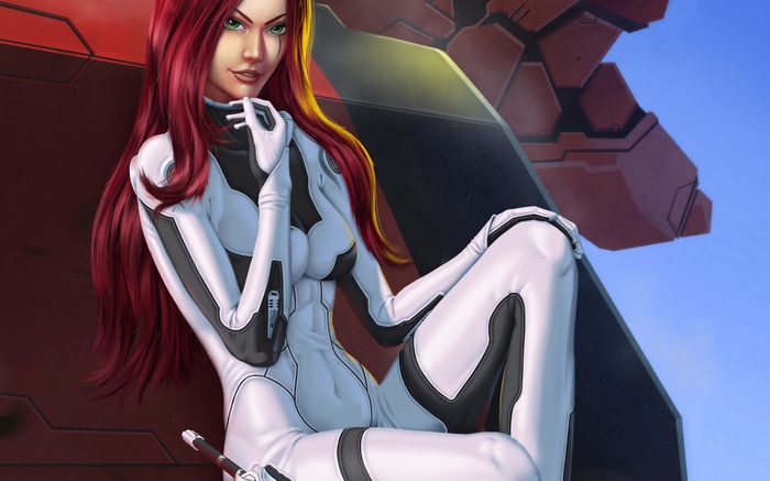 Woman in white and black sci-fi suit