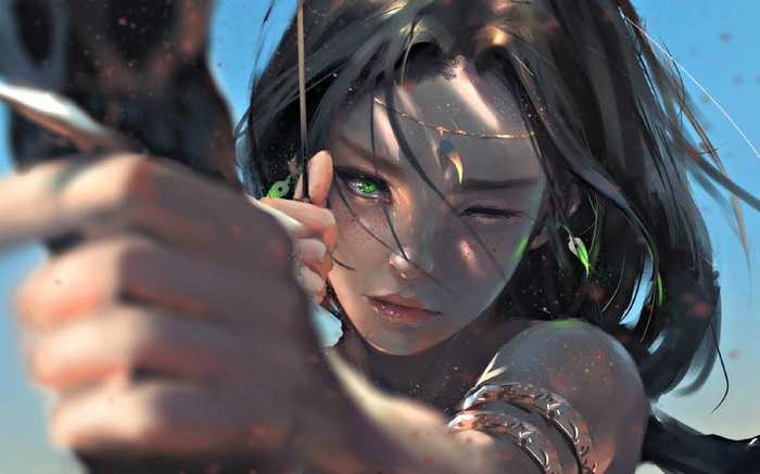 Woman aiming a bow and arrow