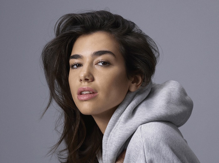 Dua Lipa wearing a grey hoodie