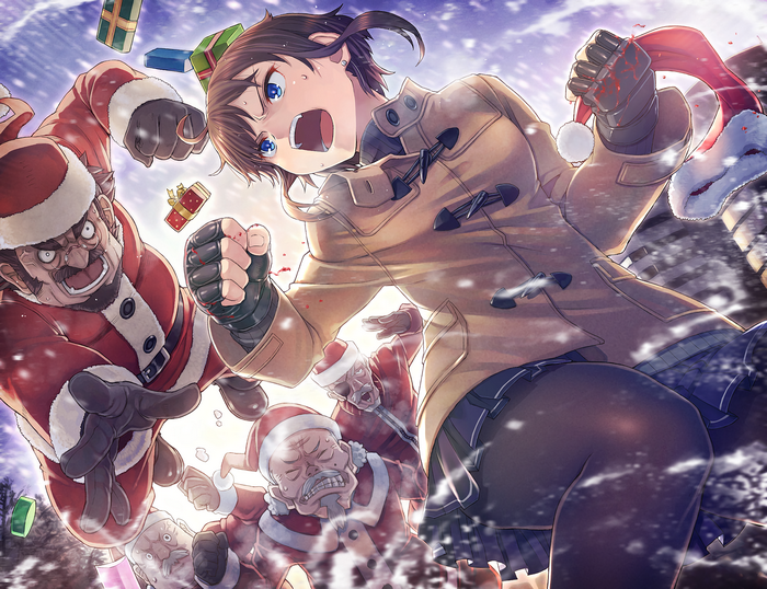 Anime girl fighting Santas with gifts