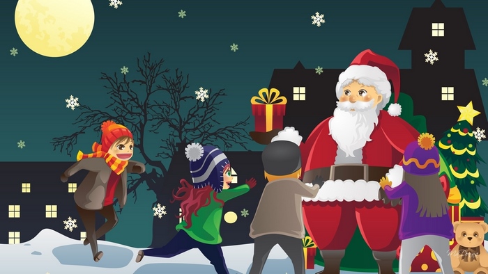 Santa Claus giving gifts to children in the snow