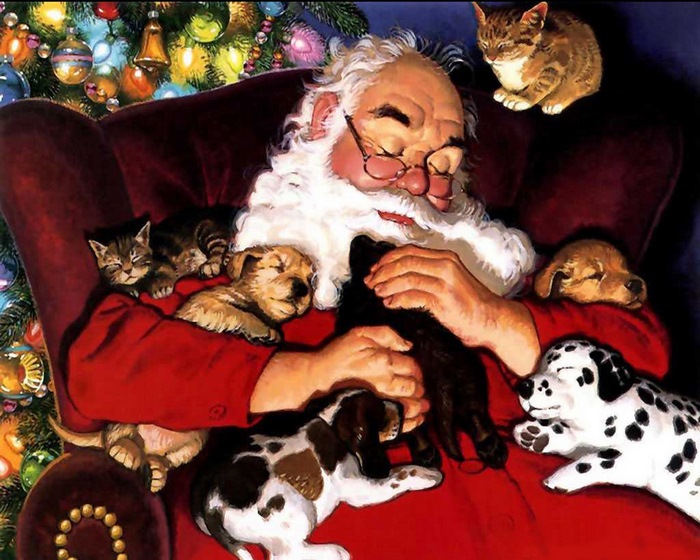 Santa Claus sleeping with puppies and kittens