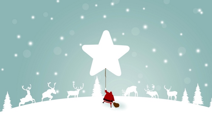 Santa Claus holding a star balloon with reindeer
