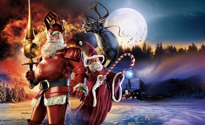 Santa Claus in armor and wizard outfit with reindeer