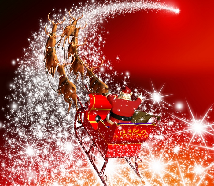 Santa Claus and reindeer flying through stars