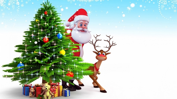 Santa Claus and reindeer by Christmas tree