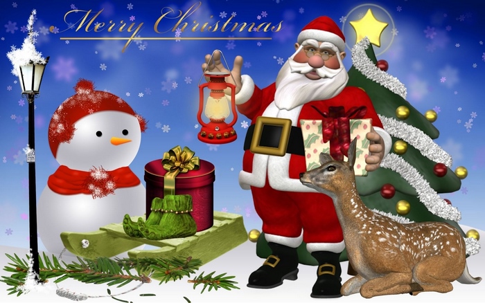 Santa Claus with Snowman, Deer, and Christmas Tree