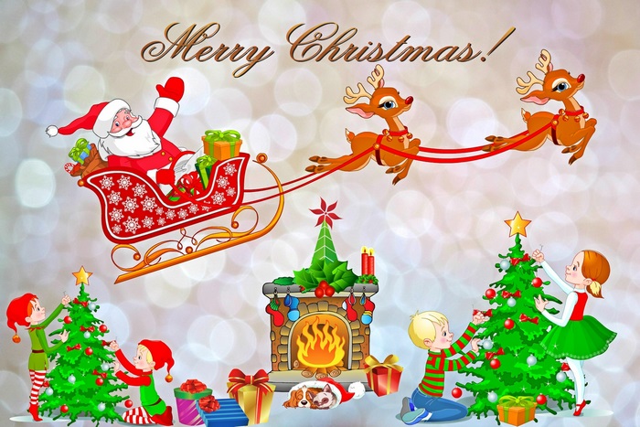 Santa Claus in a Sleigh with Reindeer and Children Decorating Christmas Trees