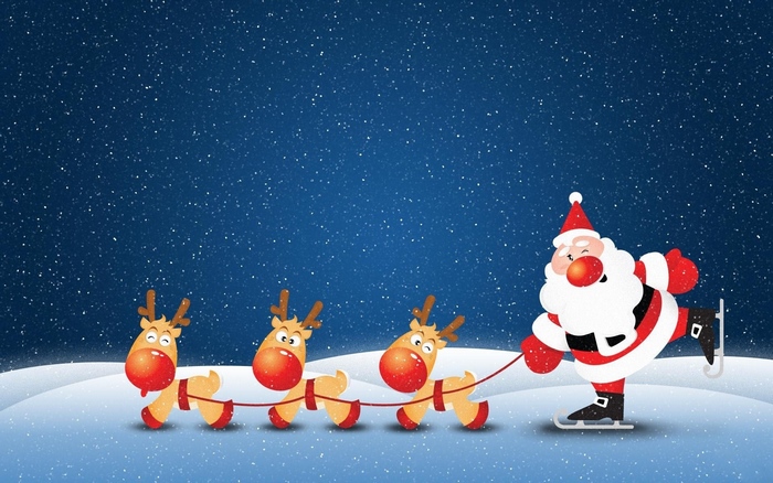 Santa Claus ice skating with reindeer