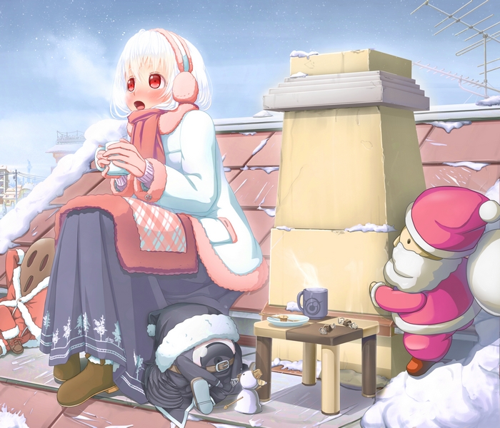Girl in winter coat with Santa Claus on a snowy rooftop