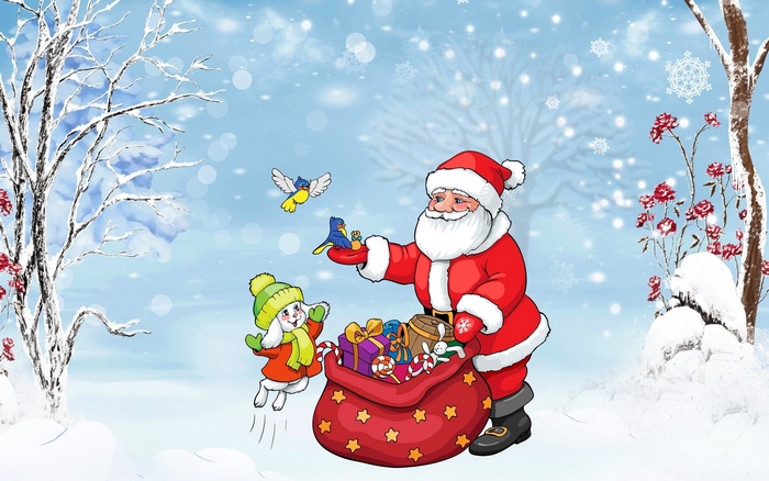 Santa Claus with a Rabbit and Birds in Winter