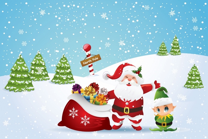 Santa Claus and Elf at the North Pole