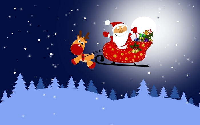 Santa Claus flying in a sleigh with reindeer