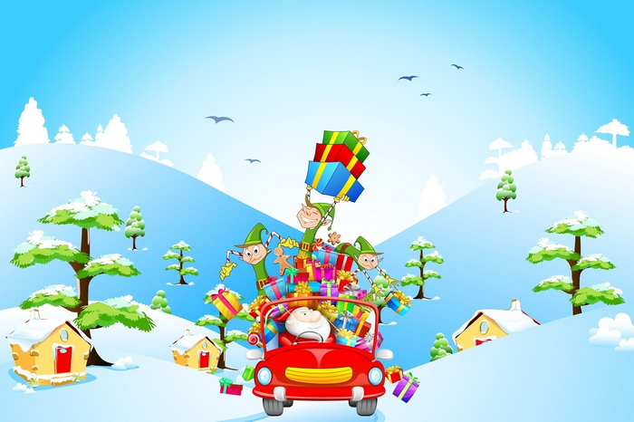 Santa Claus and elves delivering gifts in a car