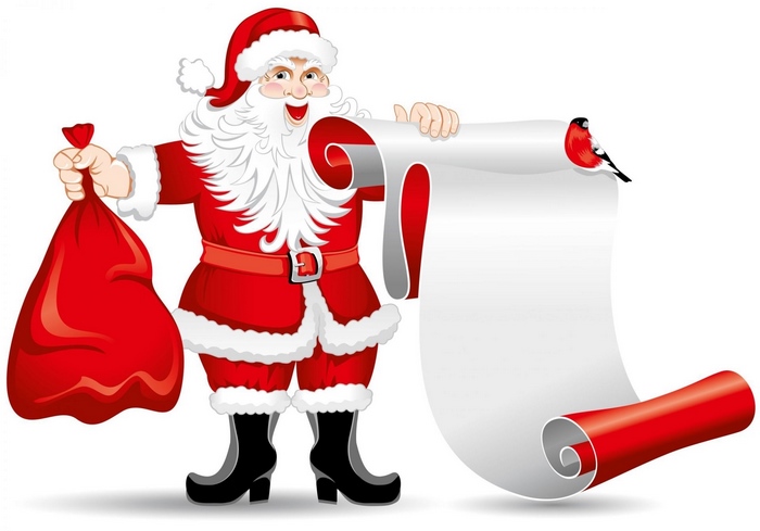 Santa Claus holding a gift bag and a scroll