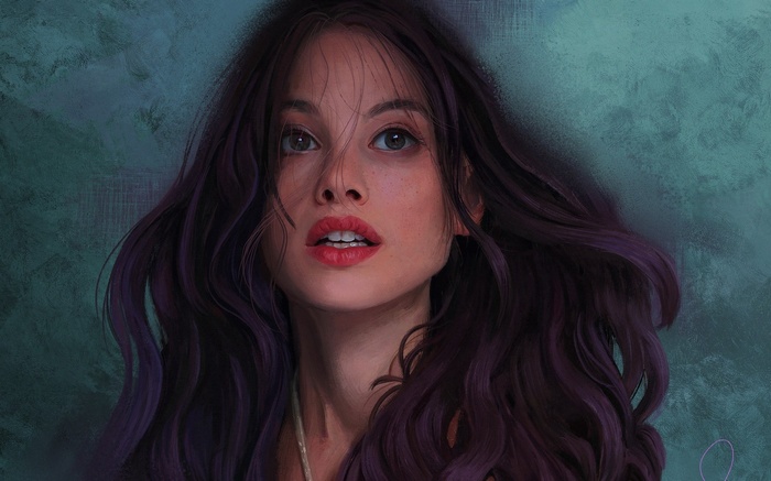 A woman with dark wavy hair and red lipstick