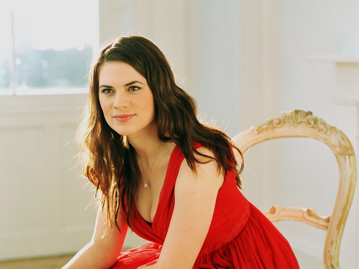 Hayley Atwell in a red dress