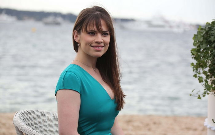 Hayley Atwell in Teal Dress Smiling by Water