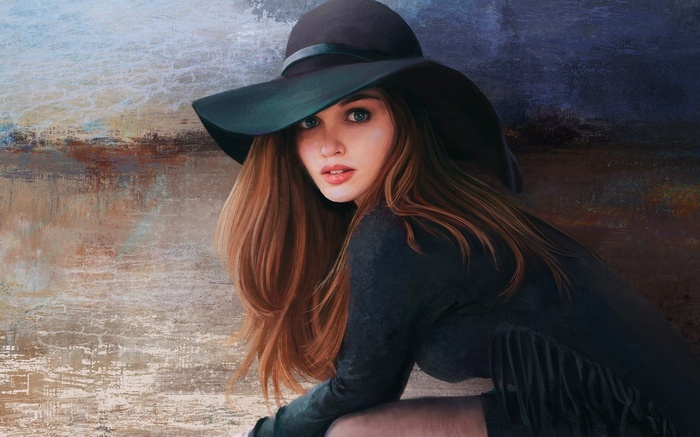 Woman in a wide-brimmed hat looking over her shoulder