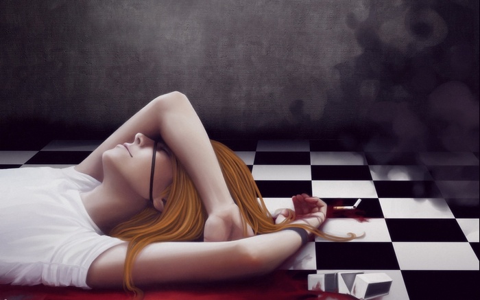 Woman lying in blood on a checkered floor