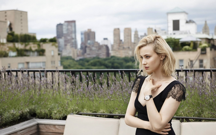 Sarah Gadon on a rooftop