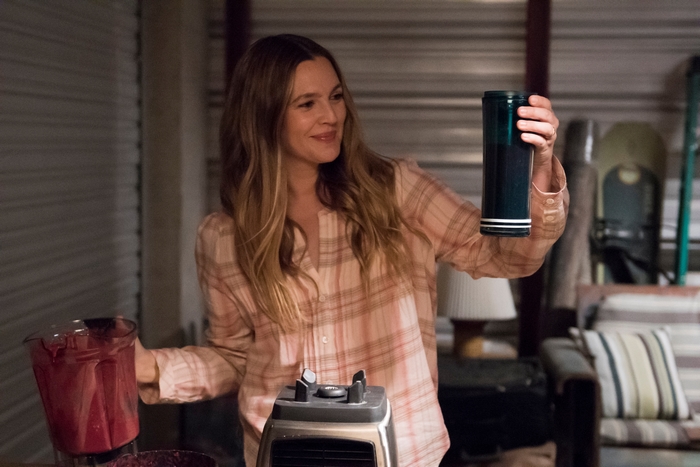 Drew Barrymore with blender and tumbler