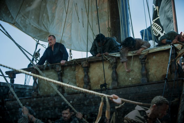 Toby Stephens on a pirate ship