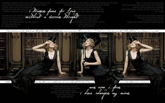Madonna in black dress with lyrics