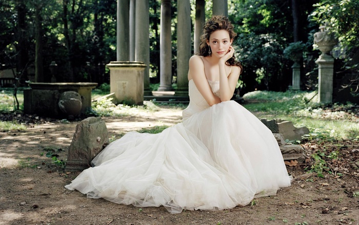 Emmy Rossum in Elegant White Dress Outdoors