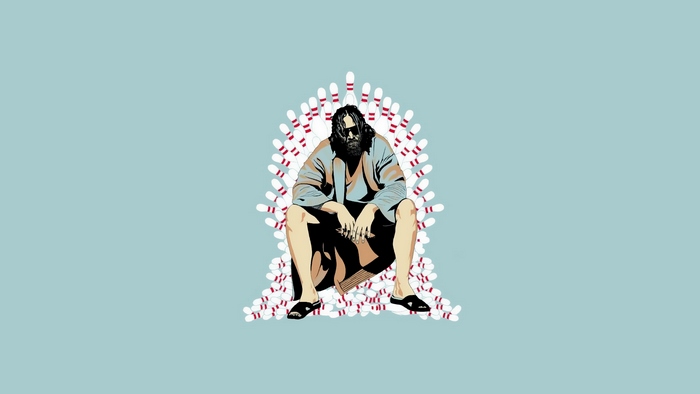 Jeff Bridges as The Dude on a throne of bowling pins
