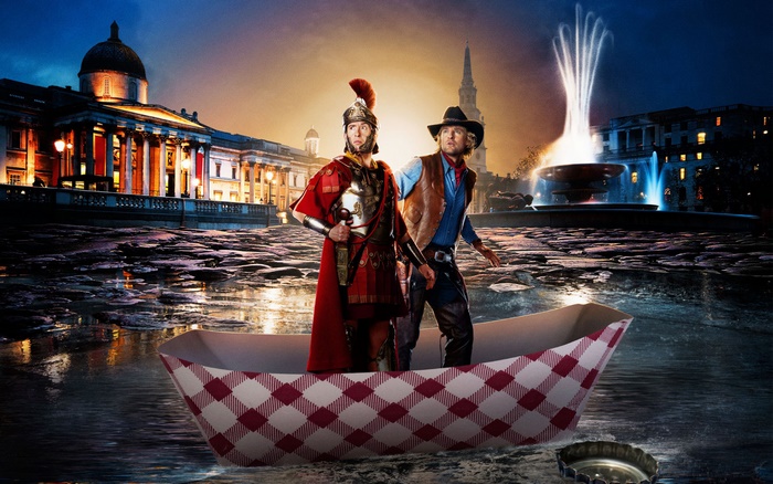 Owen Wilson and Roman soldier in a boat