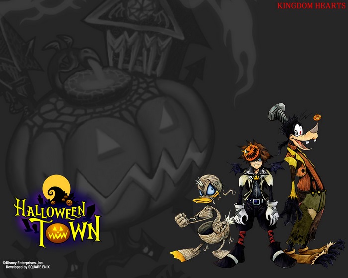Sora, Donald Duck, and Goofy from Kingdom Hearts in Halloween Town