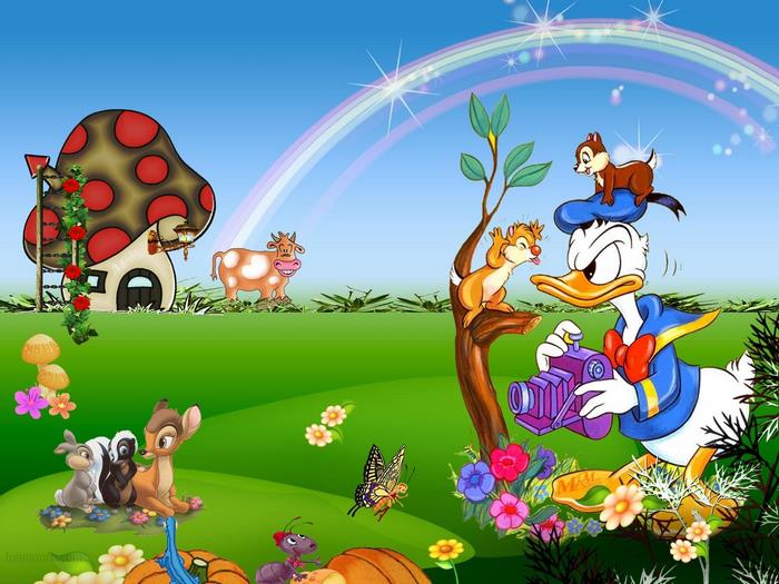 Donald Duck and friends in a whimsical landscape