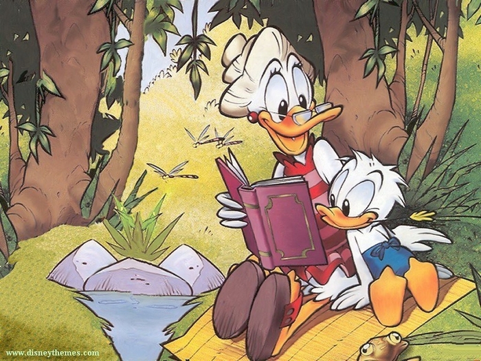 Grandma Duck and Huey reading a book in a forest