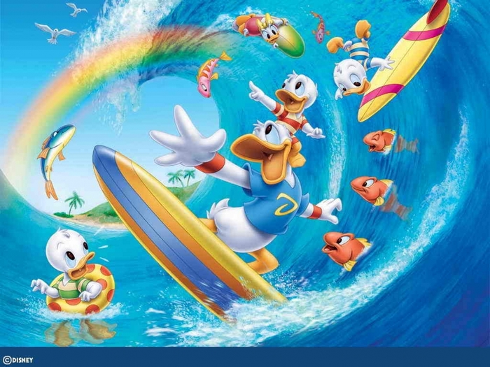 Donald Duck and nephews surfing on a wave