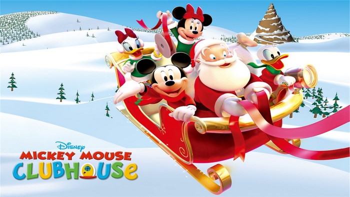 Mickey Mouse Clubhouse characters in a sleigh with Santa