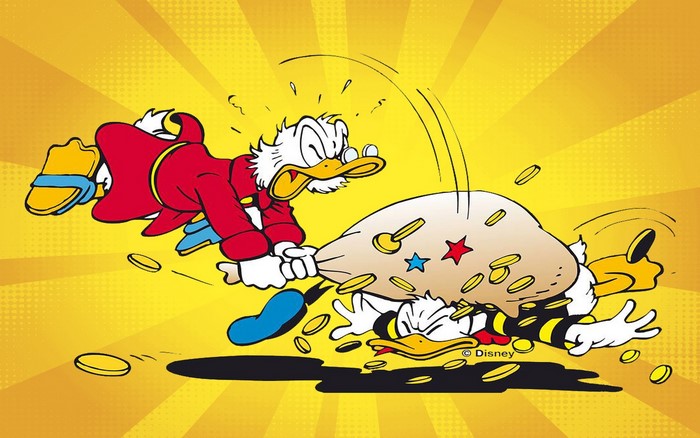 Scrooge McDuck and Donald Duck with money bag