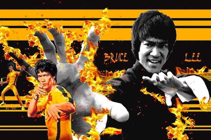 Bruce Lee in Yellow and Black Outfits with Flames