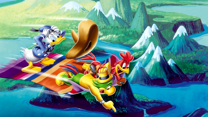 Donald Duck and friends flying on a magic carpet