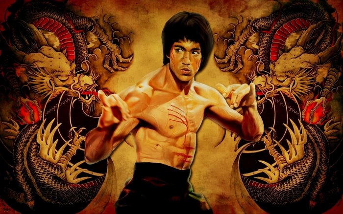 Bruce Lee Martial Arts Pose with Dragon Artwork