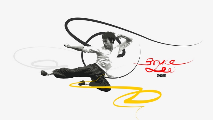Bruce Lee in action pose with artistic swirls