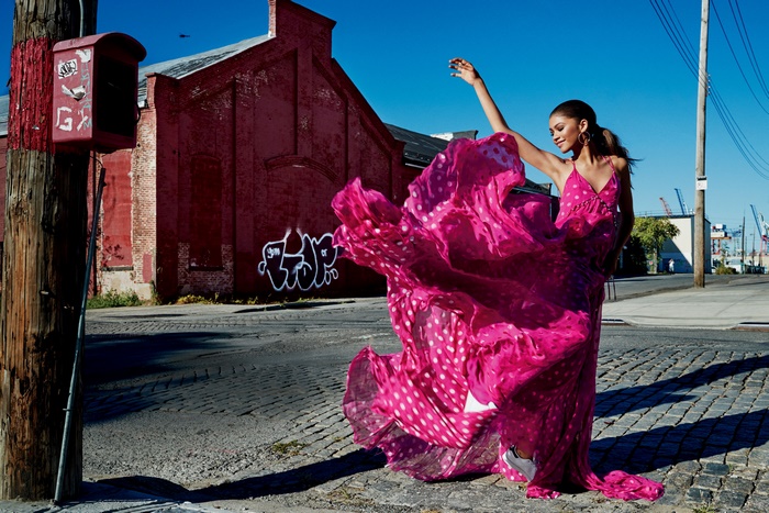 Zendaya in a pink polka dot dress