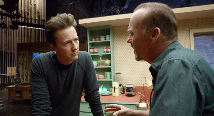 Edward Norton and Michael Keaton in a kitchen set
