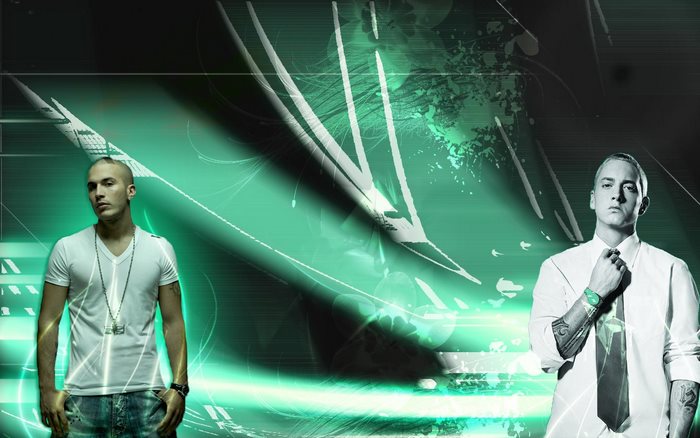 Eminem and another man on a green background