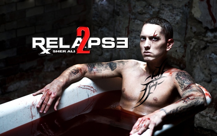 Eminem in a bathtub with blood