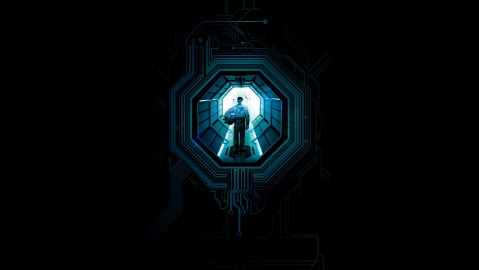 Sam Rockwell in a futuristic corridor